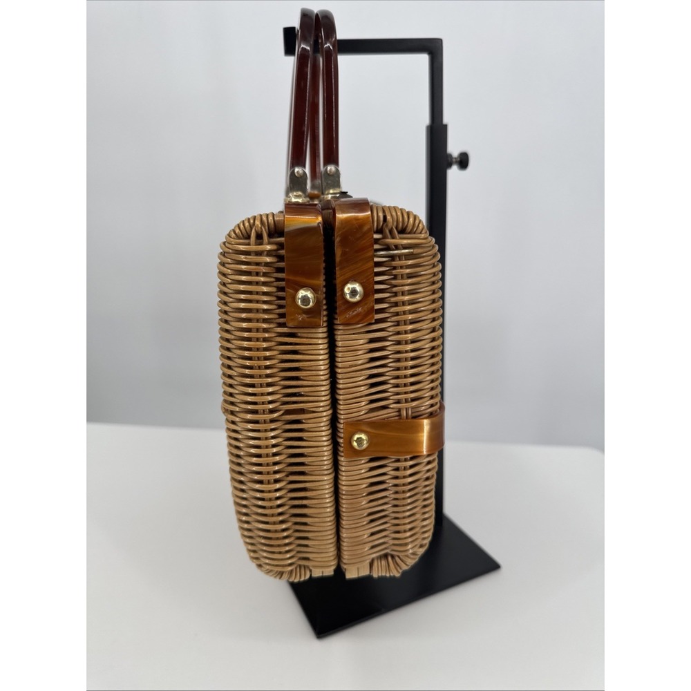 Mid-Century Wicker Like Bag, Hong Kong Woven Handmade w/ Caramel Lucite Handle - Picture 10 of 16